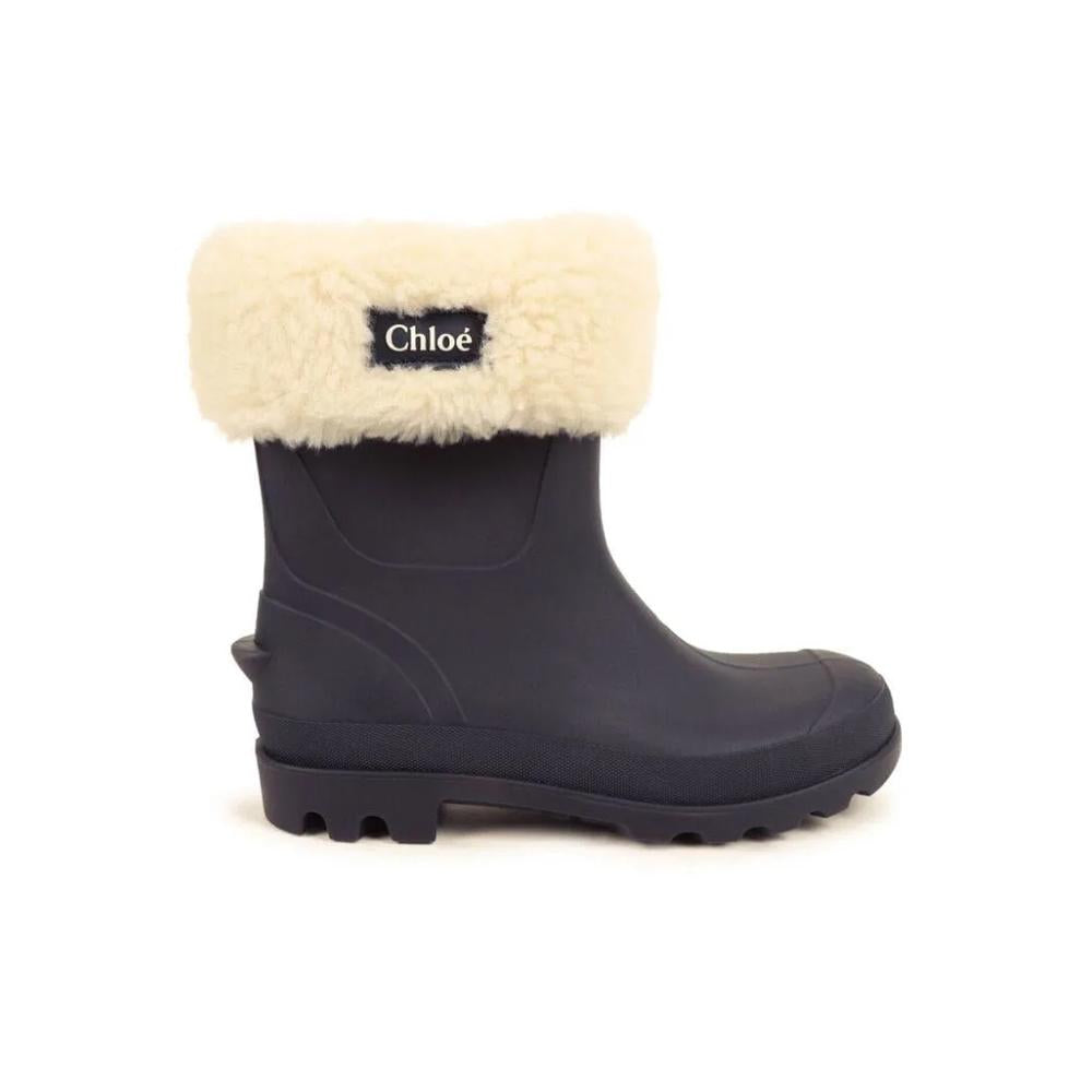 Chloe Logo Faux Fur Rain Ankle Boots Blue Women