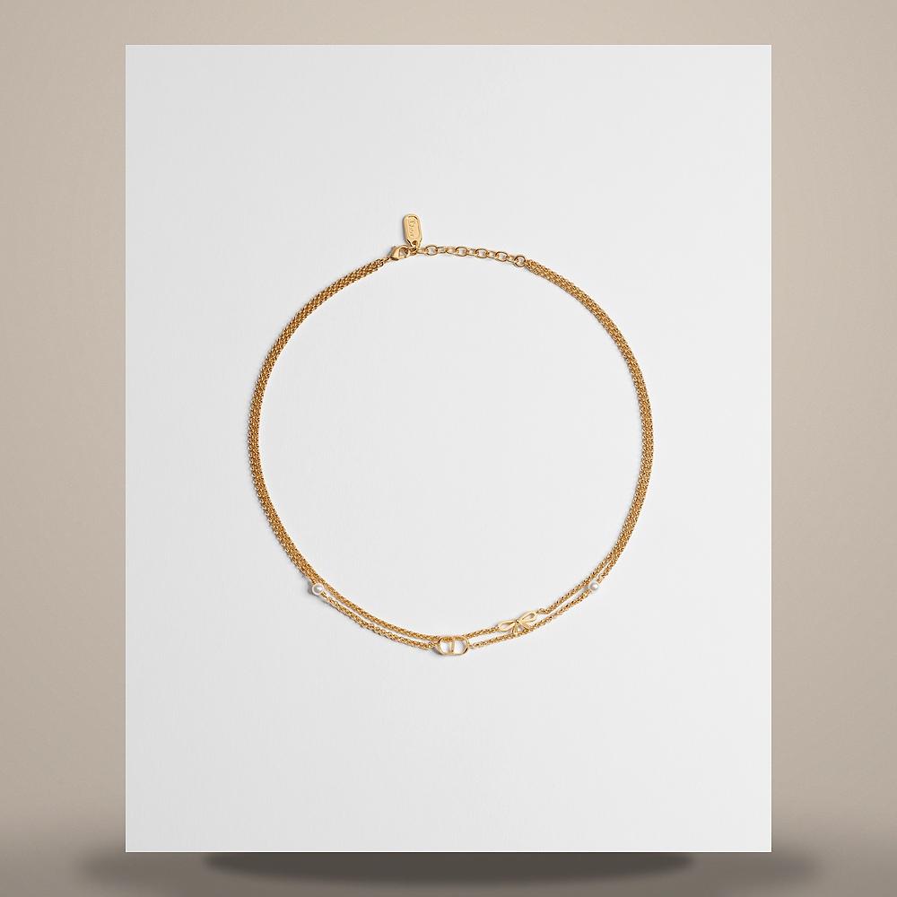 DIOR CD Mini Bow Necklace Gold-Tone Metal White Resin Pearl N3835WOMRS D301