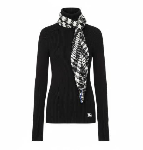 BURBERRY High Neck Turtleneck Knit Sweater Black Scarf Detail