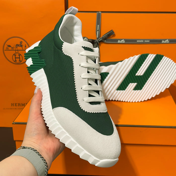 HERMES Bouncing Sneakers Mesh Suede Goatskin Green White Men’s Low-Top