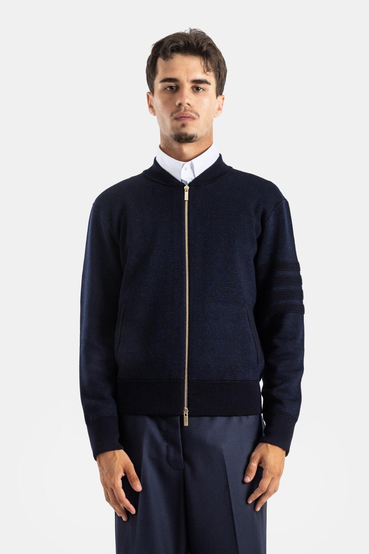 THOM BROWNE Navy Wool Cashmere Zip-Up Cardigan