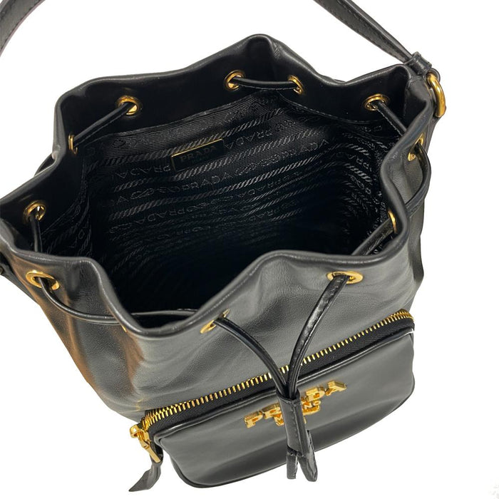 PRADA Black Vitello Leather Bucket Bag with Gold Logo Tote