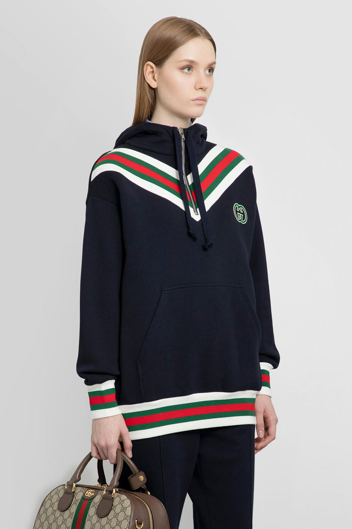 GUCCI Web Interlocking Zip-Up Hoodie Navy Women’s Cotton Top