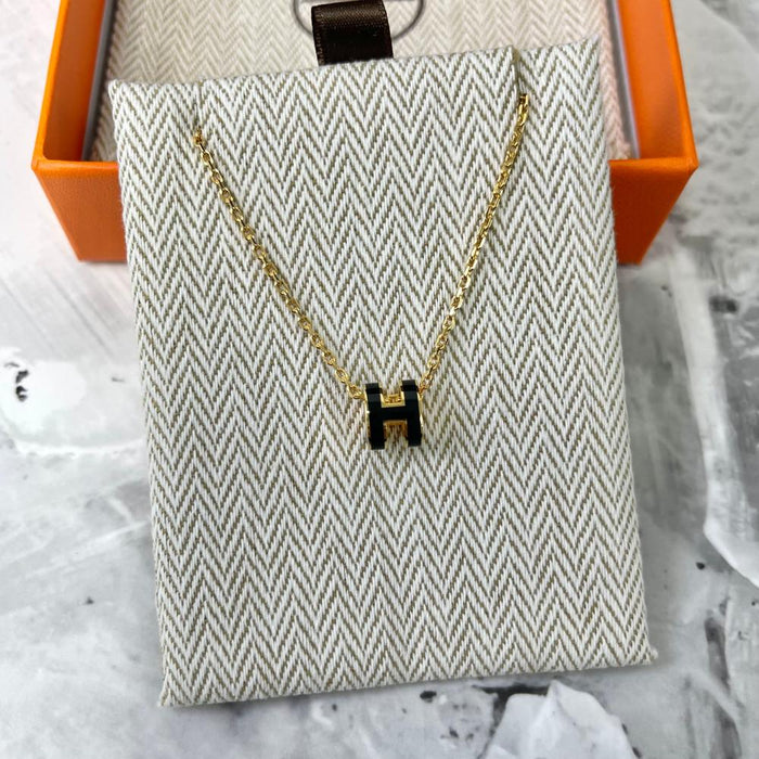 HERMES Mini Pop H Necklace Black Yellow Gold Pendant
