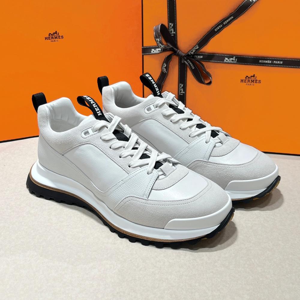 HERMES White Epsom Calfskin Suede Low-Top Sneakers for Men