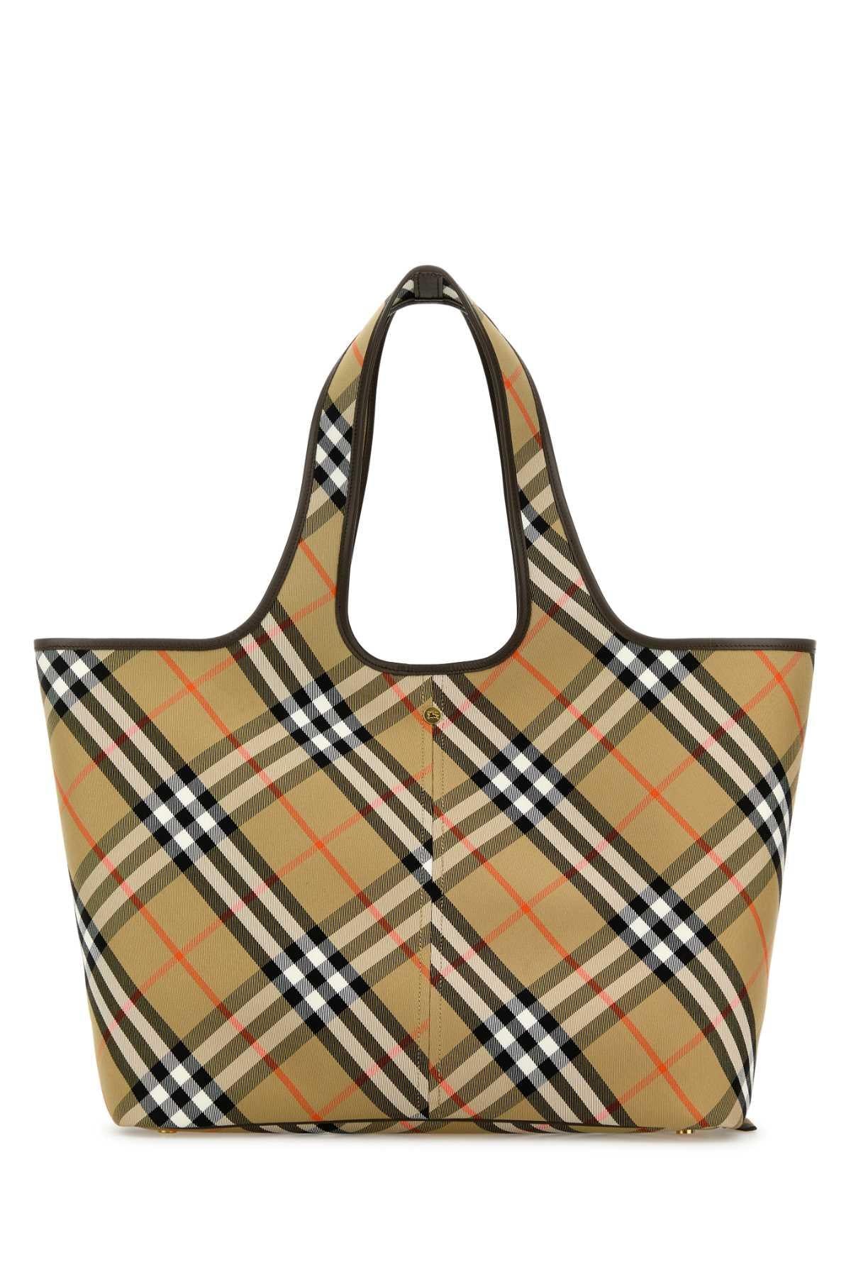 BURBERRY Leather Check Tote Bag Black Beige