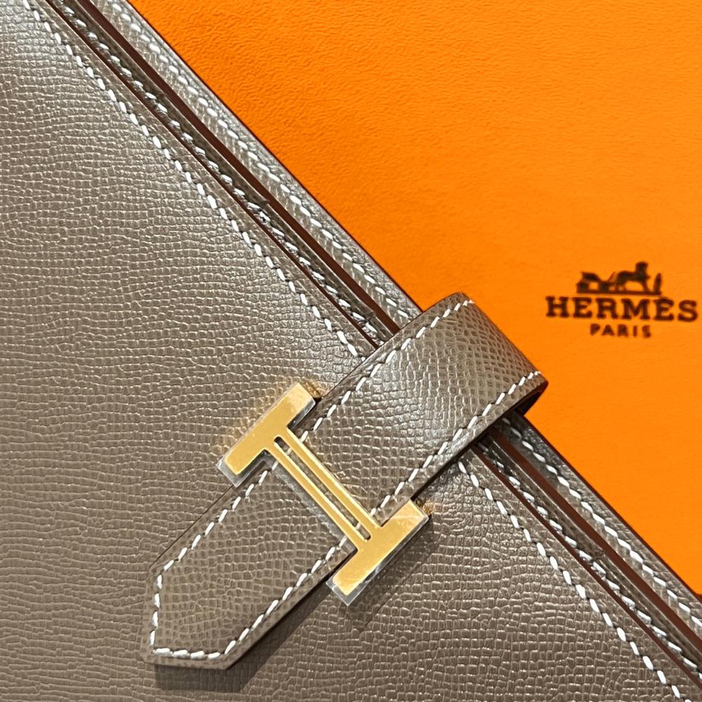 HERMES Béarn Long Wallet Etoupe Leather Gold Hardware Unisex