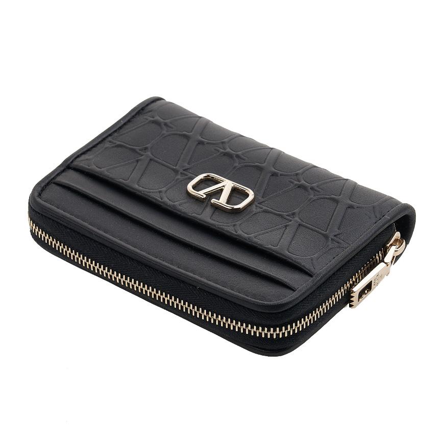 VALENTINO V Logo Signature Leather Compact Wallet Black