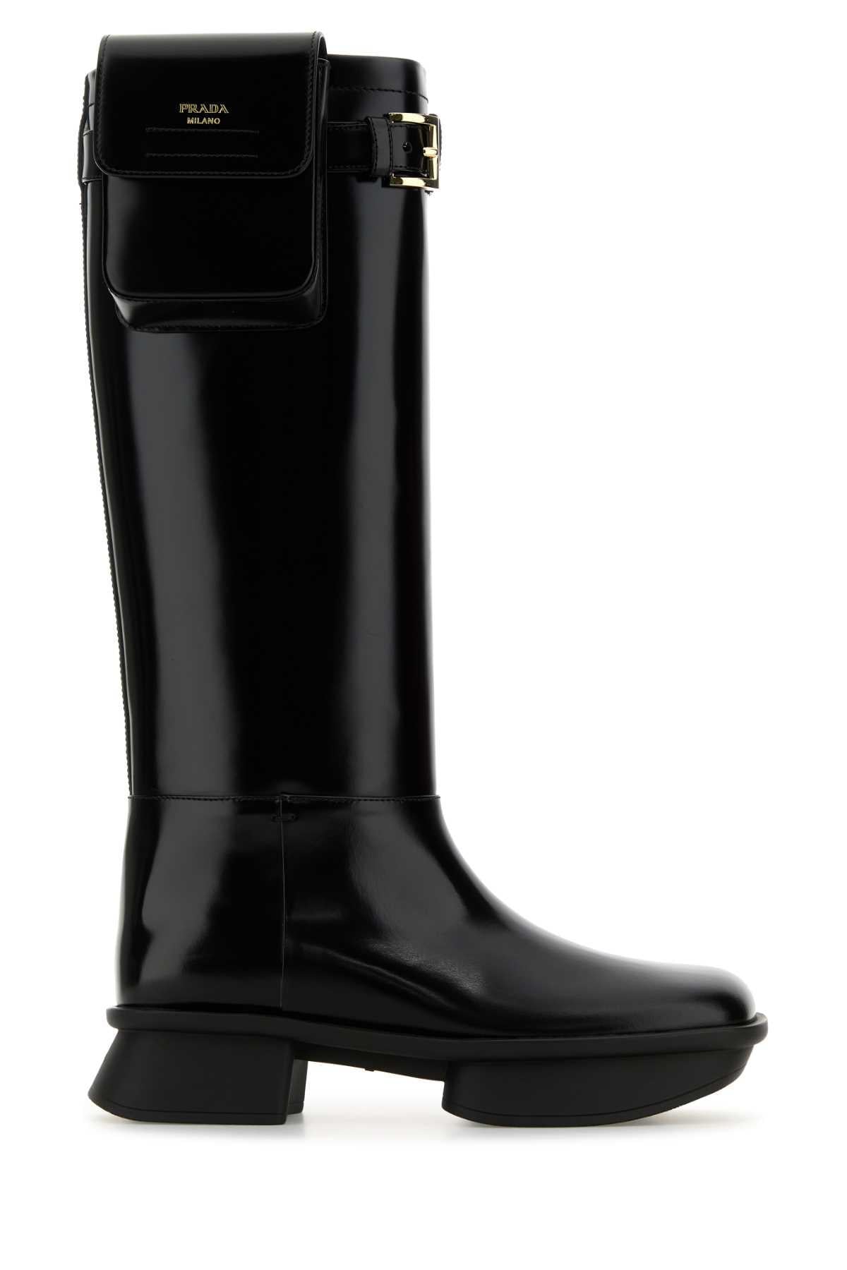 PRADA Black Leather Mid-Calf Boots