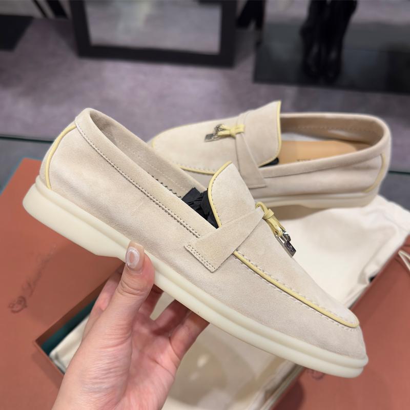 Loro Piana Ivory Suede Loafer Moccasins with Yellow Charm