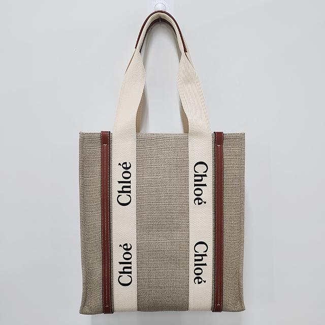 Chloe Woody NS Tote Bag Beige Canvas Leather Trim