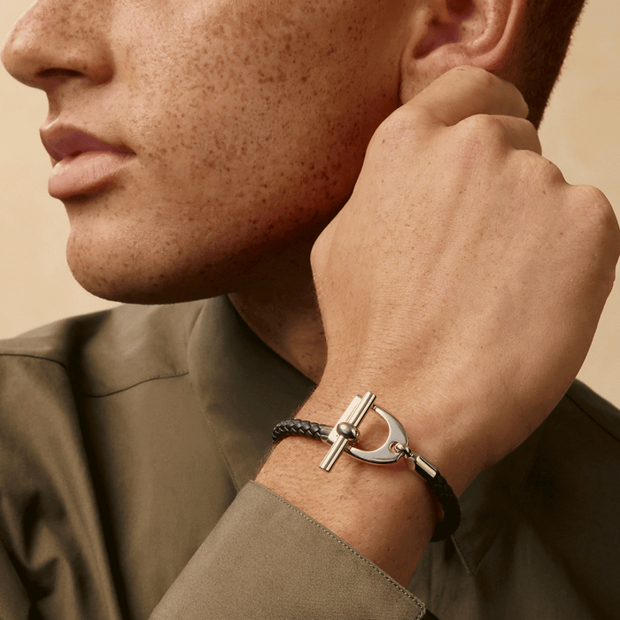 HERMES Etrier Leather Bracelet Noir Unisex Jewelry