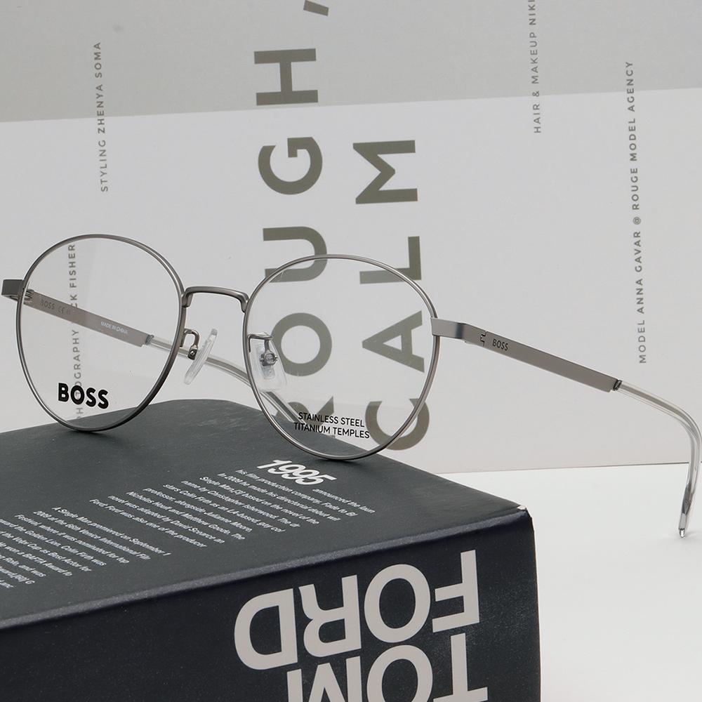 HUGO BOSS Titanium Round Eyeglass Frames Matte Silver Asian Fit BOSS1475F R81