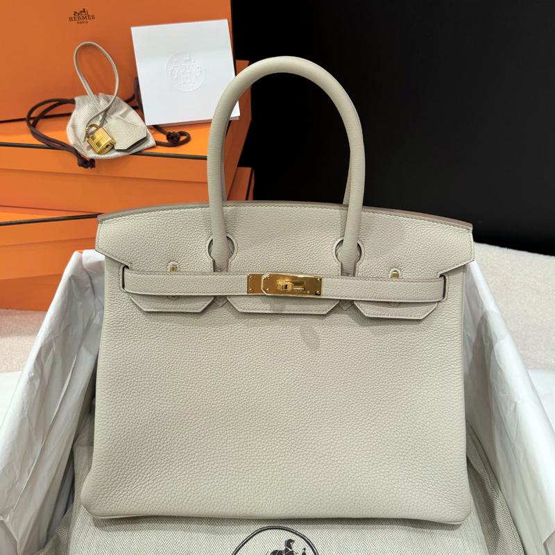 HERMES Birkin 30 Togo Leather Tote Bag Beton Gold Hardware