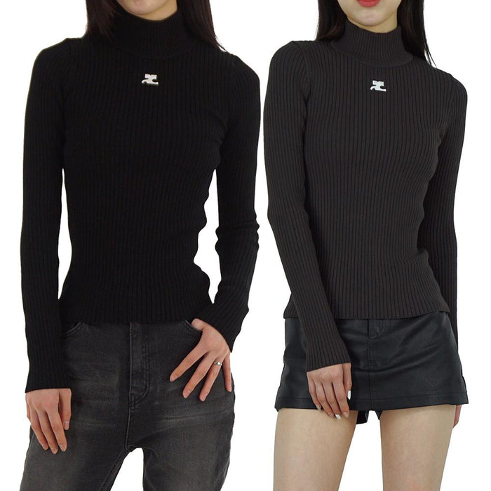 courreges Ribbed Turtleneck Pullover Sweater Black Coffee Women’s