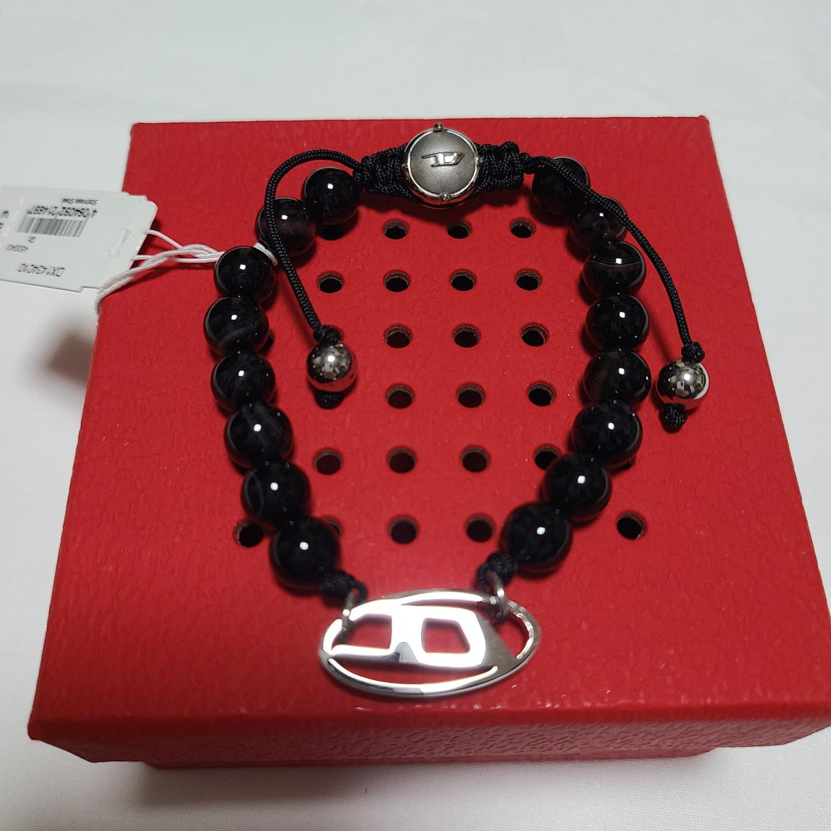 DIESEL Black Agate Bead Bracelet Oval D Logo Unisex Jewelry