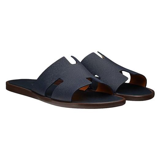 HERMES Izmir Marine Navy Leather Slide Sandals for Men