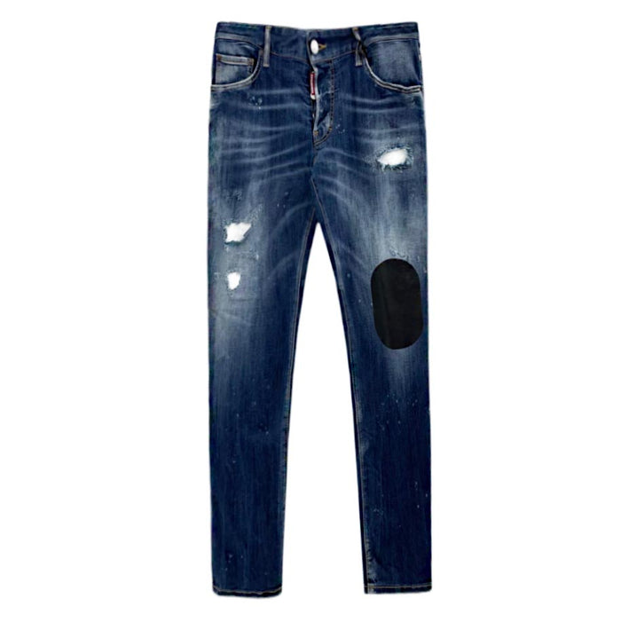 Dsquared2 Men's Medium Wash Distressed Leather Patch Skater Jeans S74LB0805