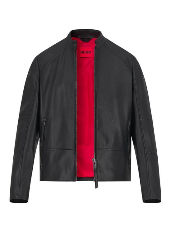 HUGO BOSS Black Leather Jacket Men’s Zip-Up Bomber Style 50564039 001 BLACK DOM