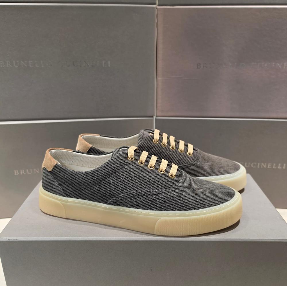 Brunello Cucinelli Charcoal Gray Corduroy Lace-Up Low-Top Sneakers