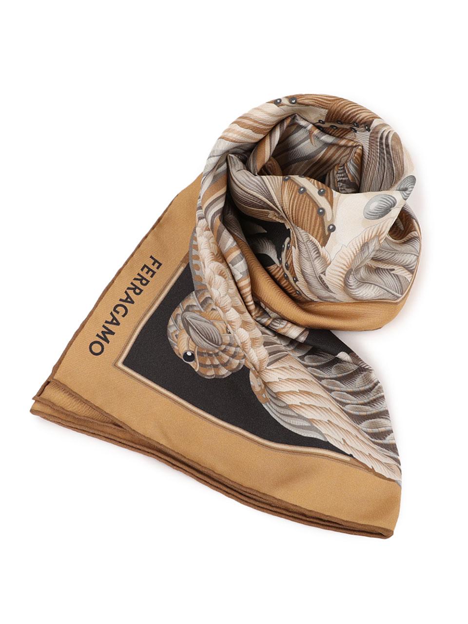 Ferragamo Lutz Print Silk Foulard Scarf Beige Black