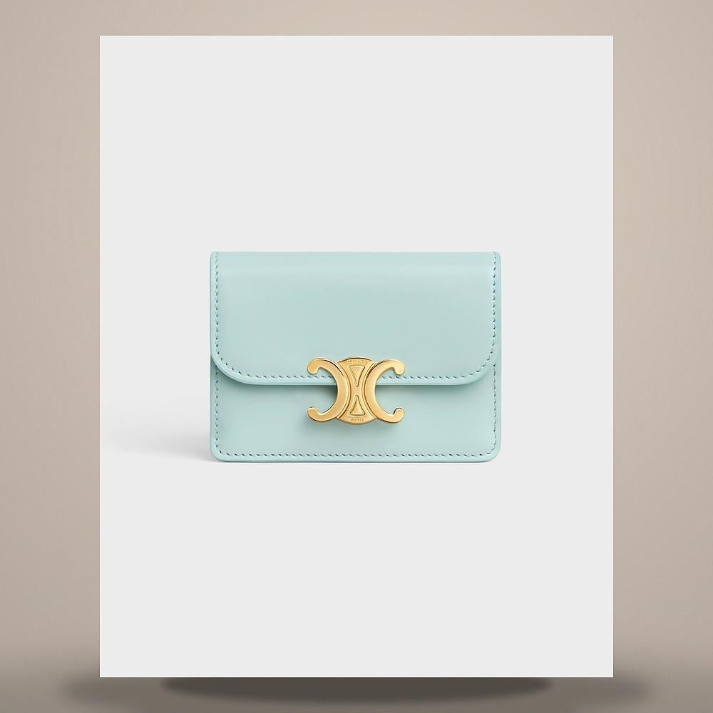 CELINE Triomphe Flap Card Holder Shiny Calfskin Powder Blue