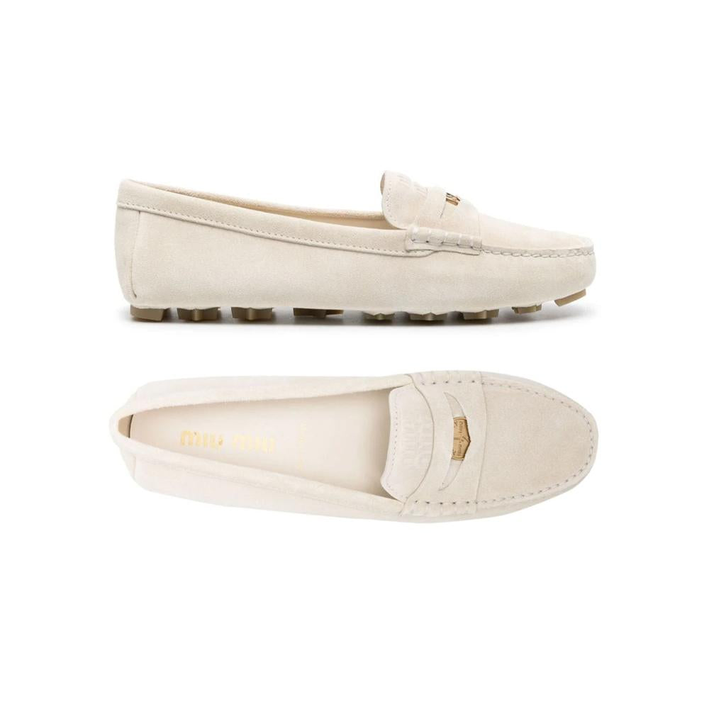 Miu Miu Beige Logo-Engraved Driving Loafers