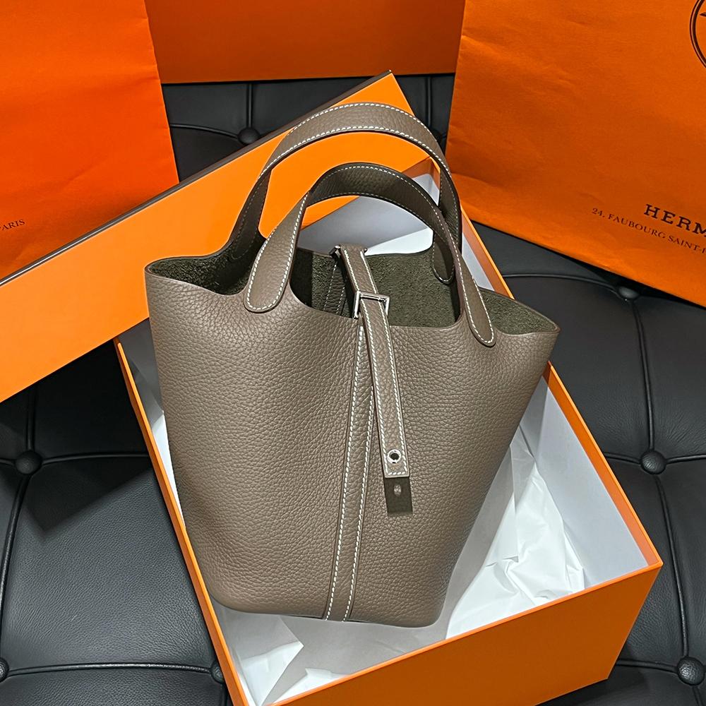 HERMES Clemence Picotin Lock 18 Tote Bag Etoupe Palladium Hardware