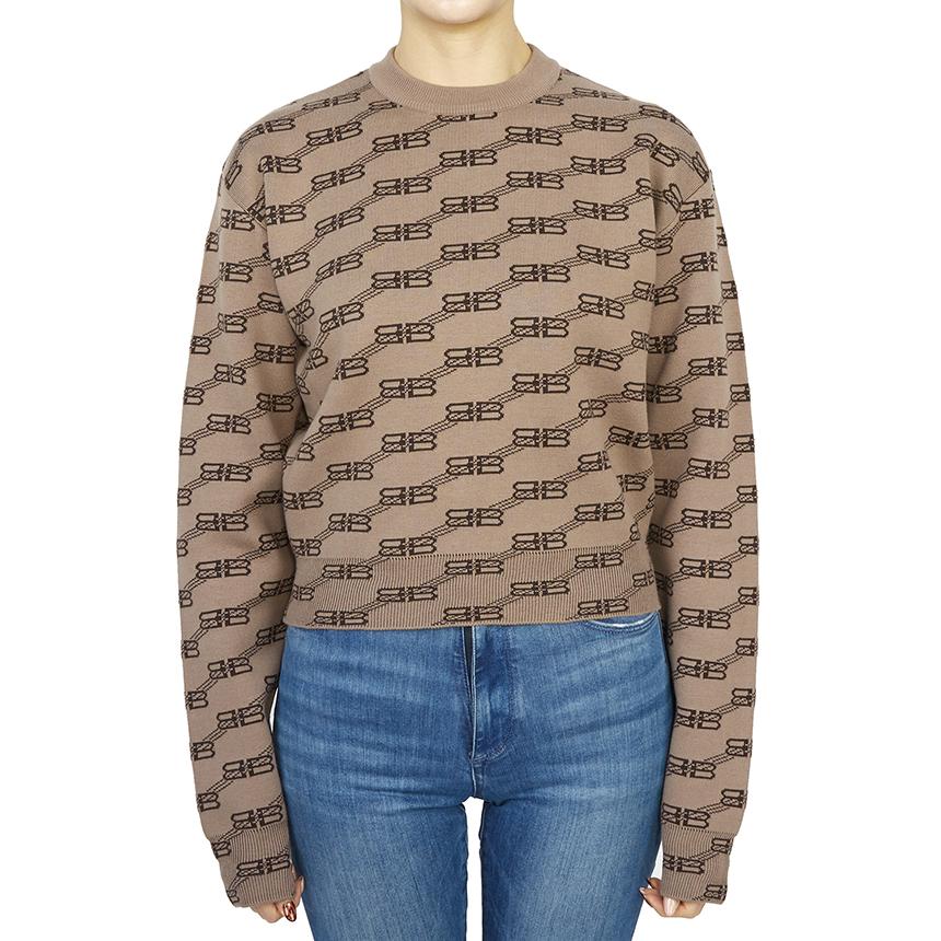 BALENCIAGA BB Wool Round Neck Knit Sweater Gray Women