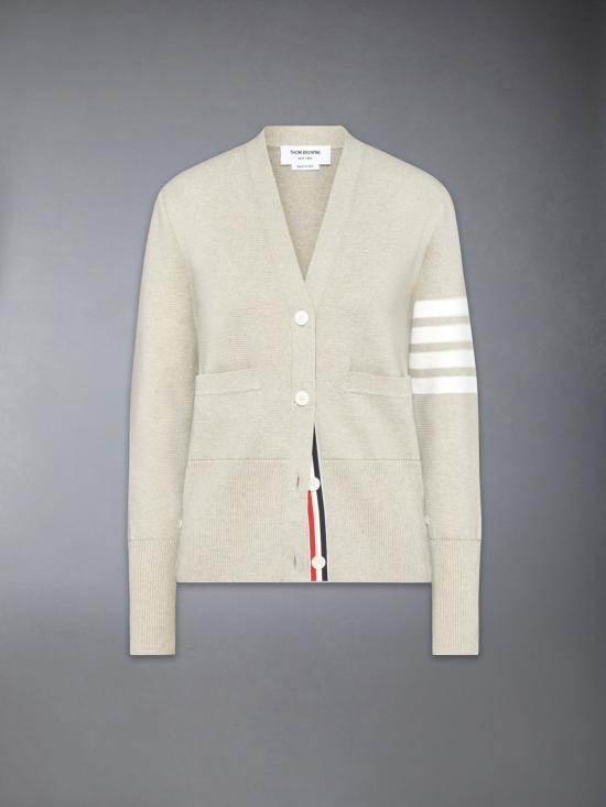 THOM BROWNE Cotton 4-Bar Milano Classic V-Neck Cardigan Beige