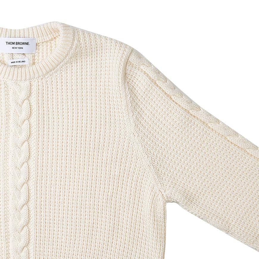 THOM BROWNE Men’s Cable Stitch Wool Crewneck Sweater White
