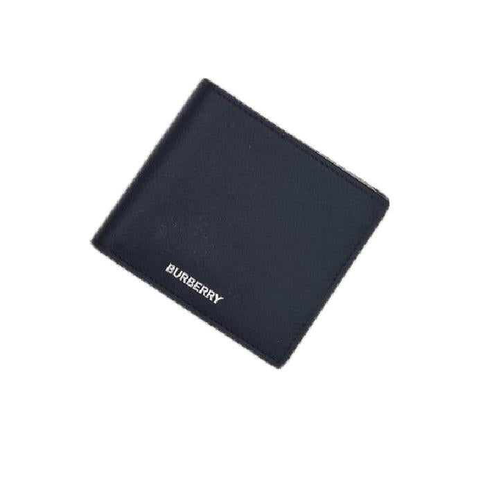 BURBERRY Men’s Grain Leather Bifold Wallet Black Silver Logo Check Lining