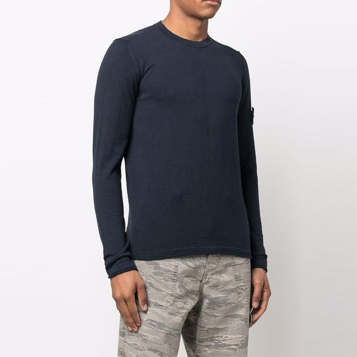 STONE ISLAND Navy Round Neck Knit Sweater with Patch 7615502B0 V0020