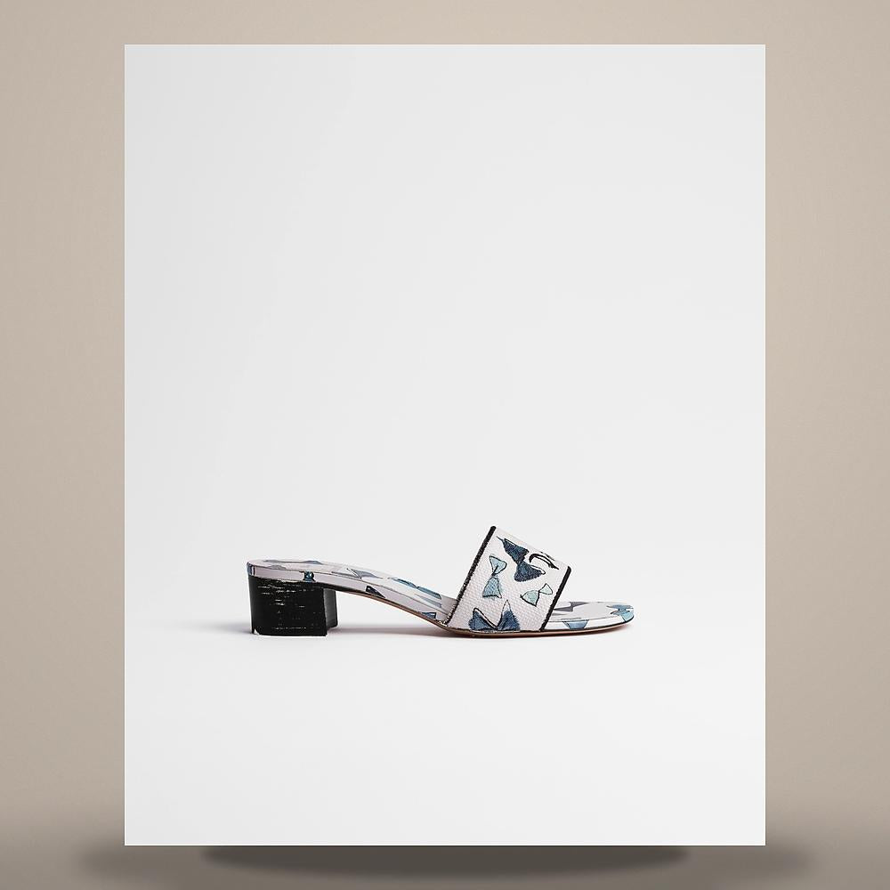 DIOR Dioriviera Dway Bow Embroidered Cotton Blue White Heeled Sli KCO611BOW S60W