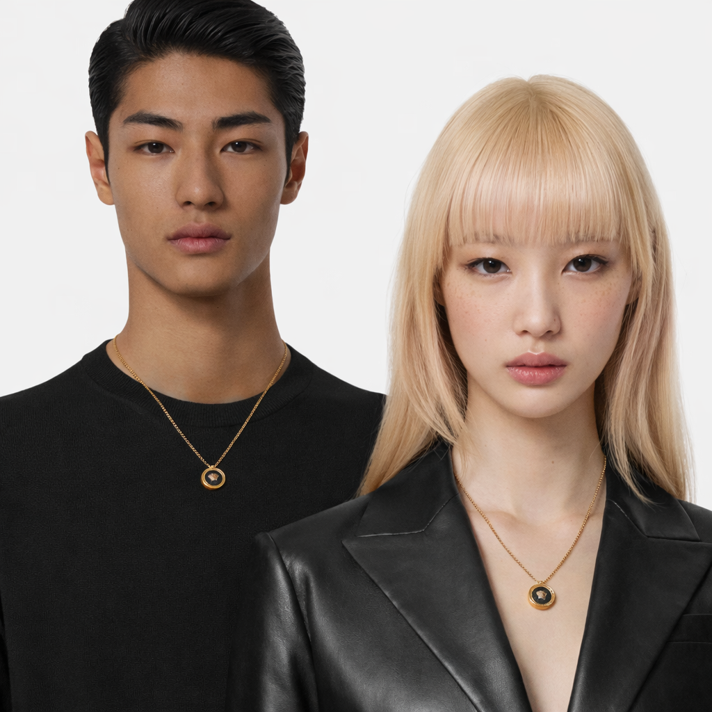 Versace Black Enamel Medusa Gold-Tone Pendant Necklace
