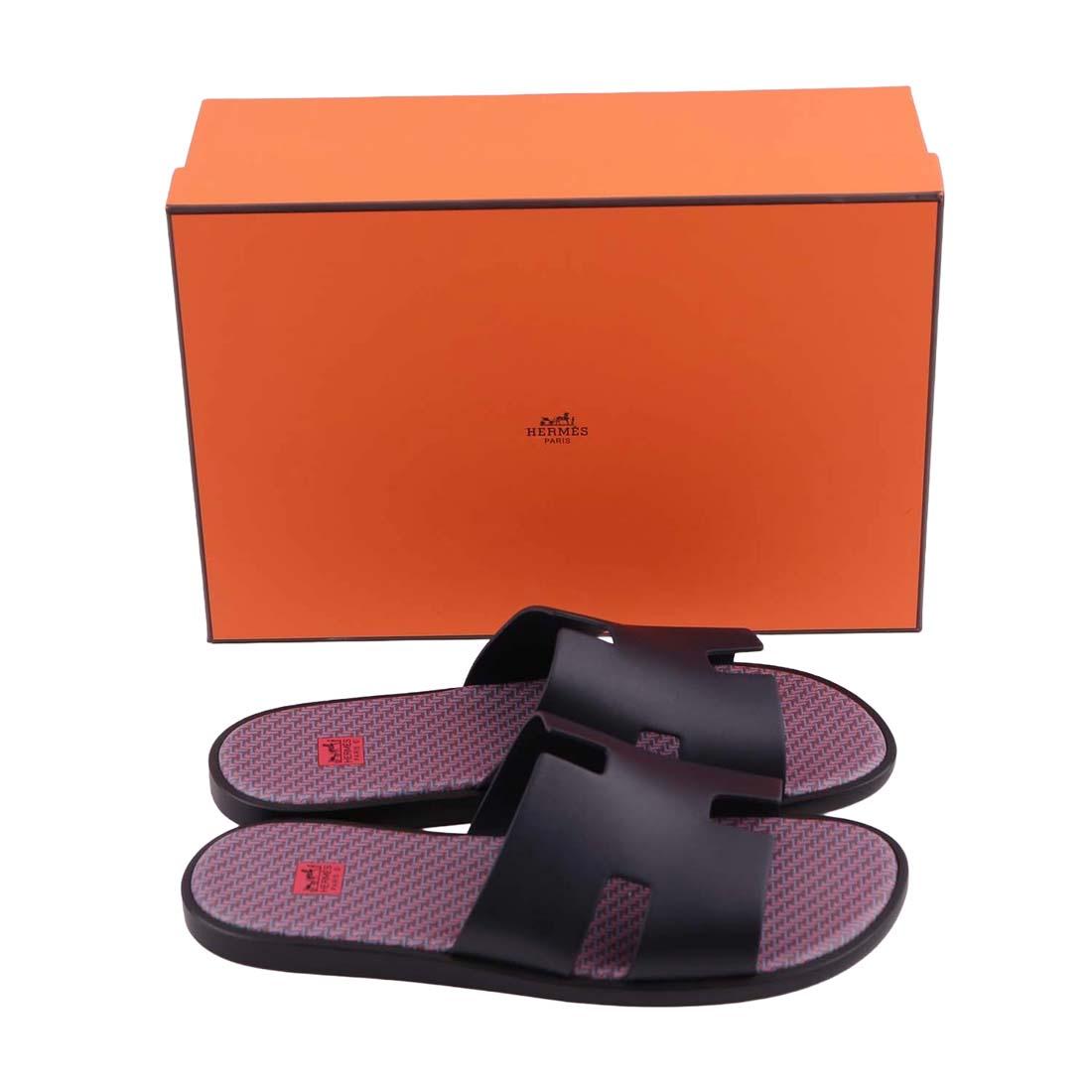 HERMES Izmir Marine Blue Leather Slide Sandals Unisex