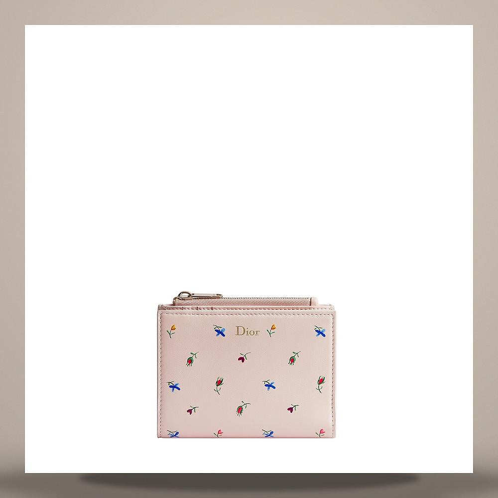 DIOR Pink Lambskin Dioramour Dahlia Multicolor Floral Cardholder