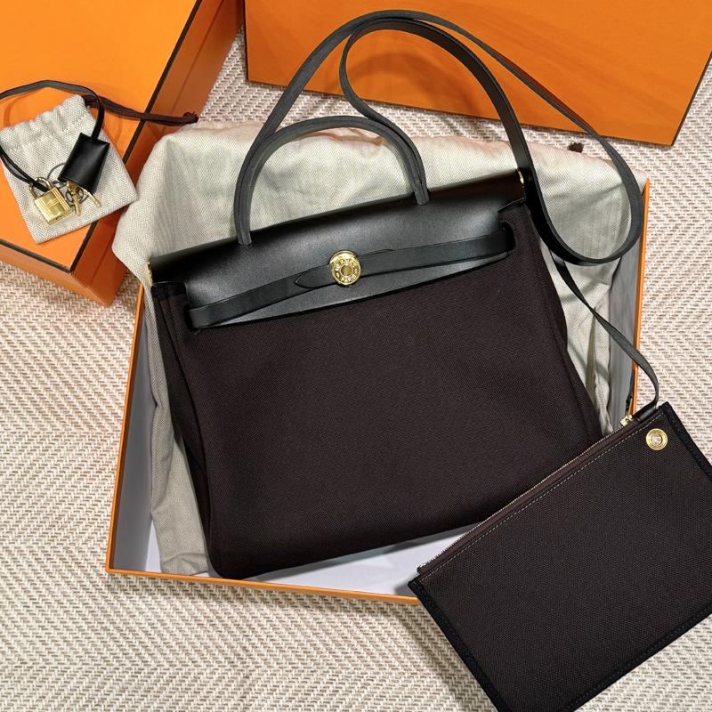 HERMES Brown Canvas Herbag 31 Shoulder Tote Bag Gold Hardware