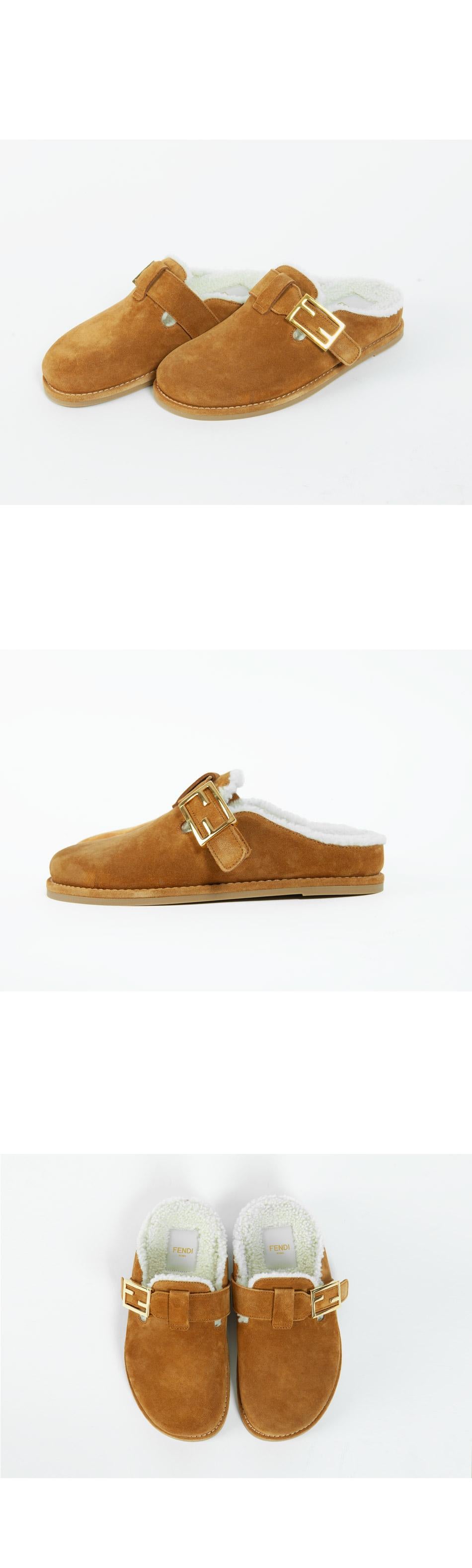 FENDI Buckle Shearling Suede Clog Mules Slippers 8R8448TK6 F1HHV