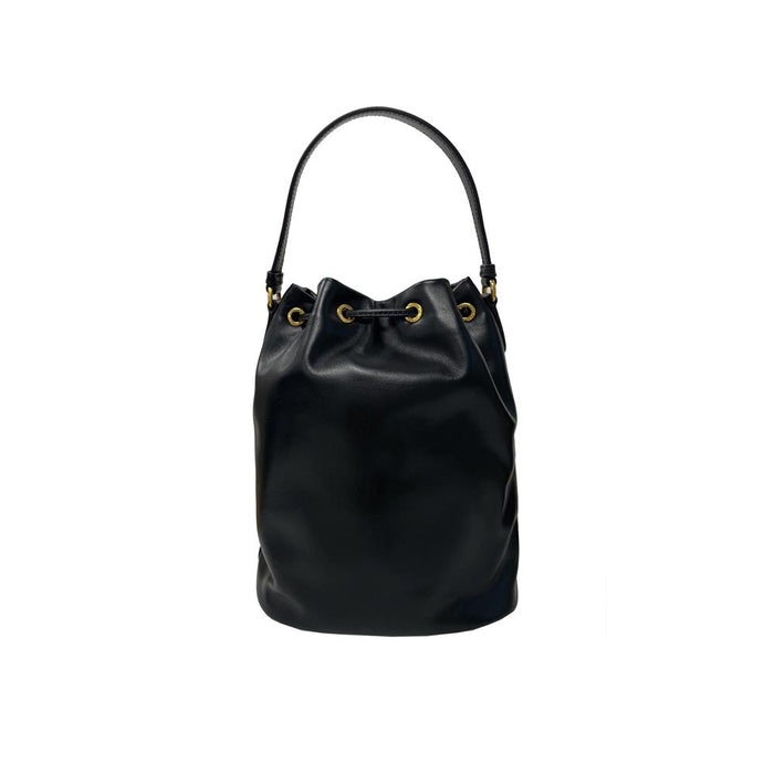 PRADA Black Vitello Leather Bucket Bag with Gold Logo Tote