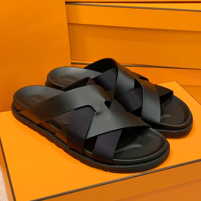 HERMES Men’s Suede Calfskin Casimir Sandals Black