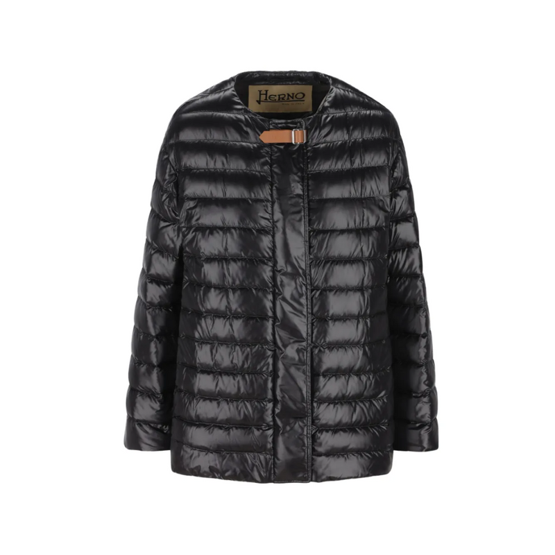 Herno Black Quilted Down Jacket with Leather Strap