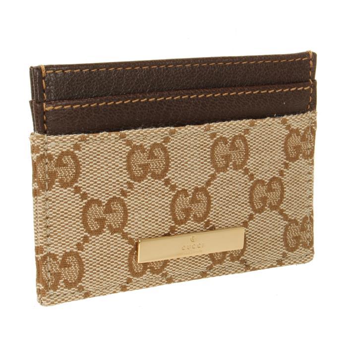 GUCCI Plaque Card Case Leather Wallet Beige Brown
