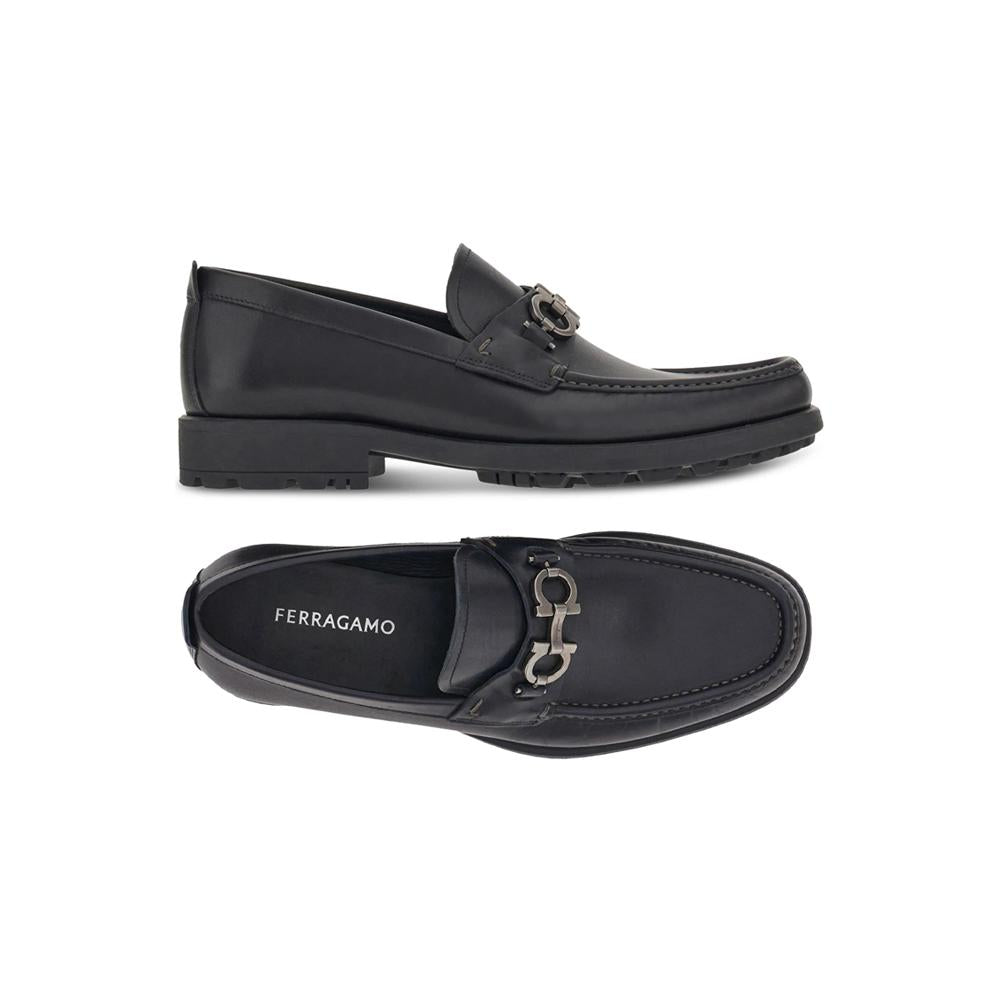 Ferragamo Black Leather David Double Gancini Loafers 0671792