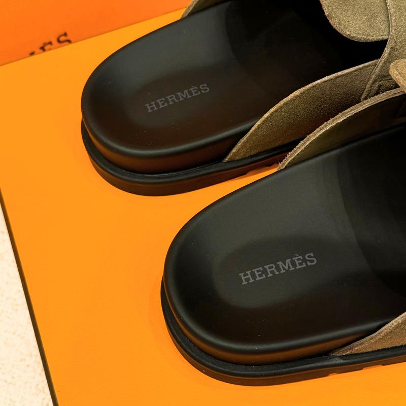 HERMES Etoupe Suede Calfskin Go Mule Sandals for Men