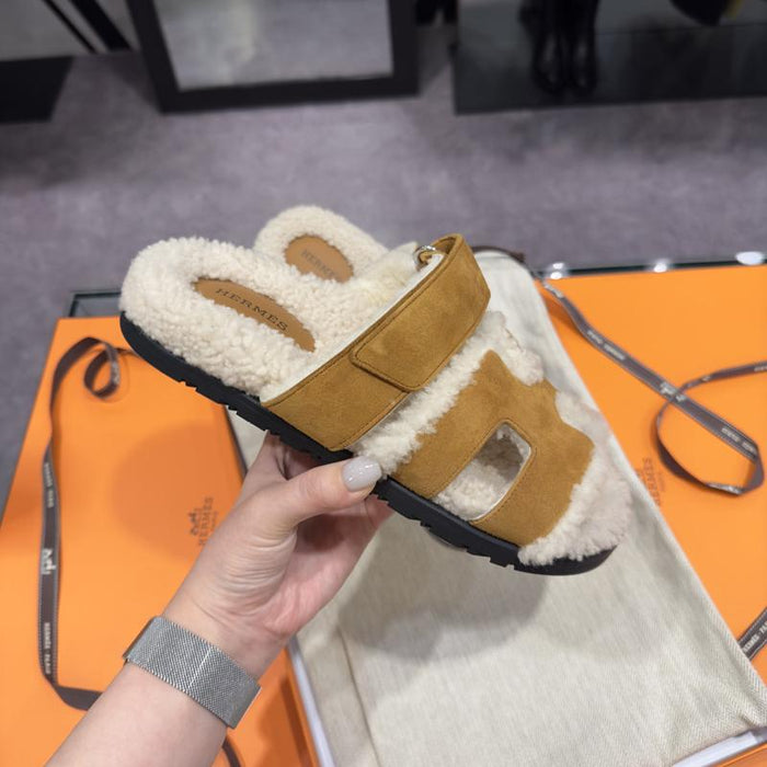 HERMES Shearling Chypre Sandals Suede Goatskin Wool Natural Ecru Men