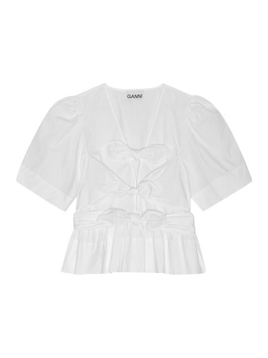 GANNI Stretch Cotton Tie-Strap Blouse Bright White W0309151