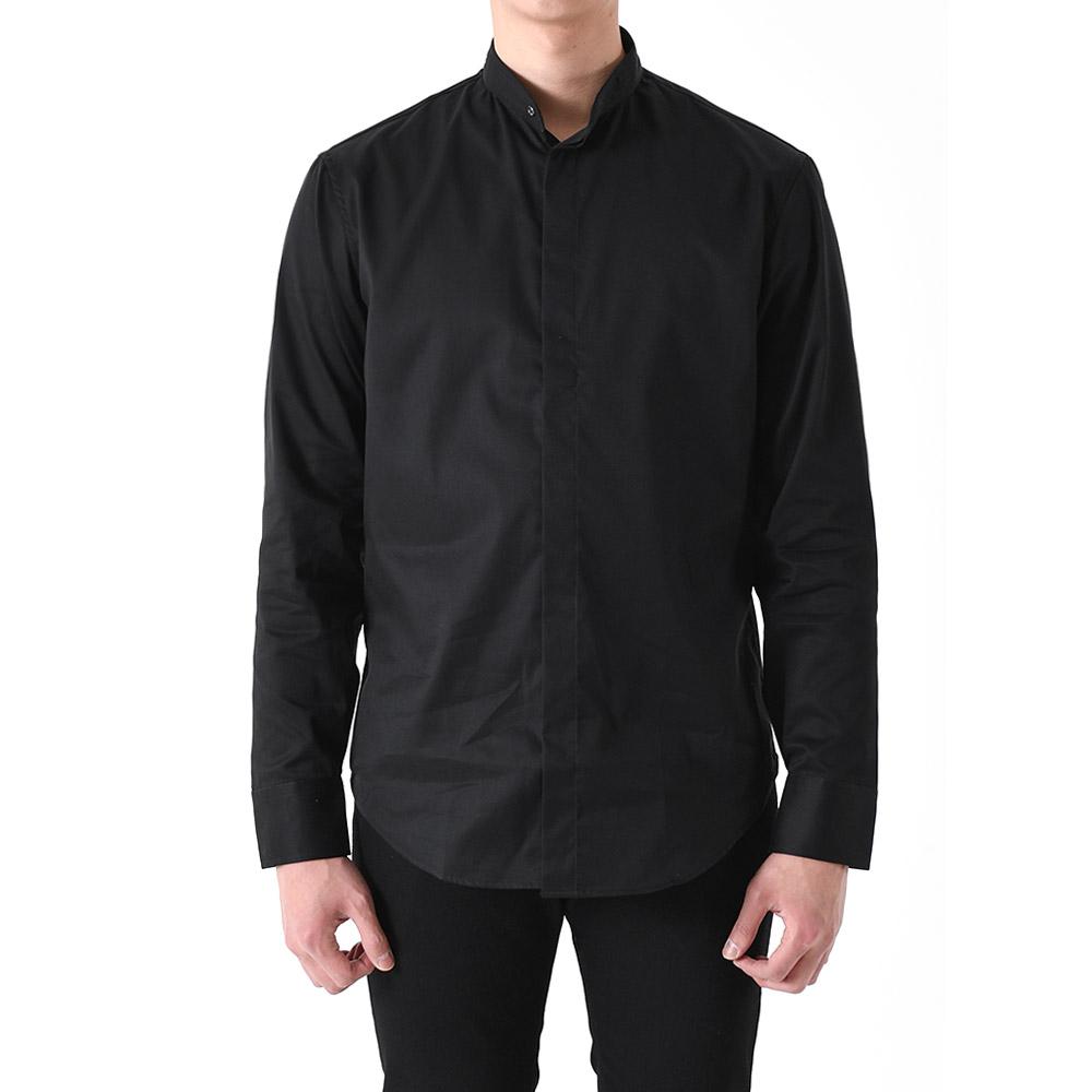 Emporio Armani Banded Collar Black Long Sleeve Shirt