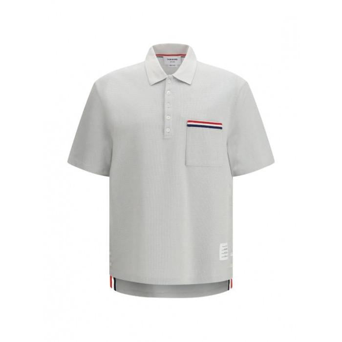 THOM BROWNE Men's Textured Cotton-Linen RWB Embroidered Polo Shirt