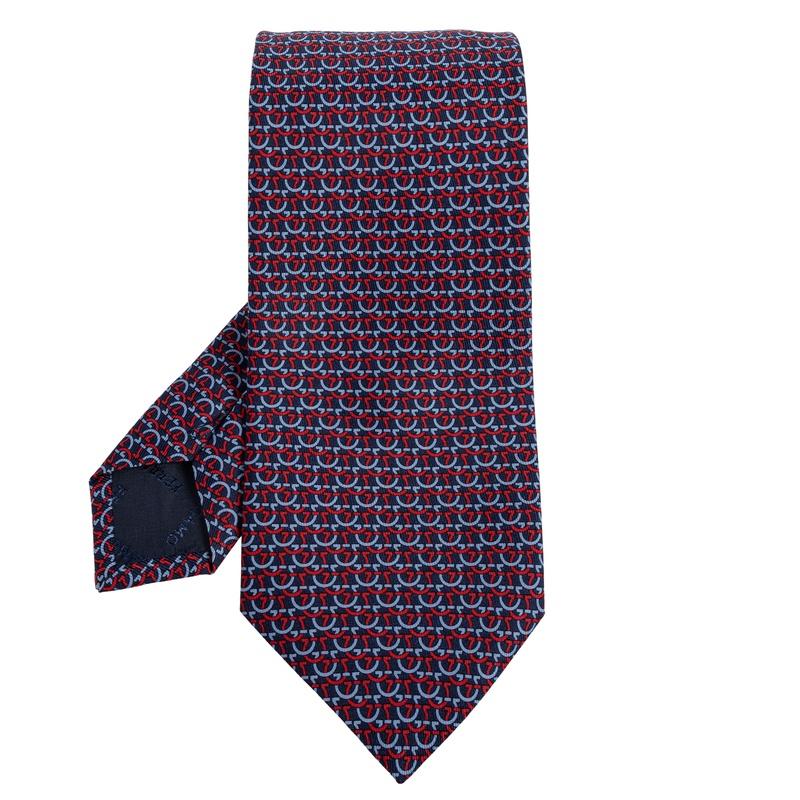 Ferragamo Gancini Print Silk Tie Navy Men's Accessory